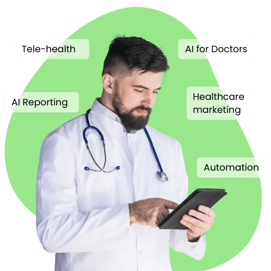 A doctor wearing a white coat and a stethoscope looks at a tablet. Text labels around him read "Tele-health," "AI Reporting," "Telemedicine," "Healthcare marketing," and "Automation." The scene highlights advancements in technology, including the use of HIS for streamlined healthcare delivery.